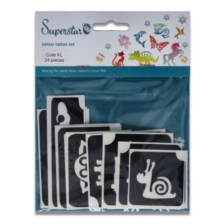 Superstar Glitzer-Tattoo-Set CUTE XL | 24 niedliche Schablonen